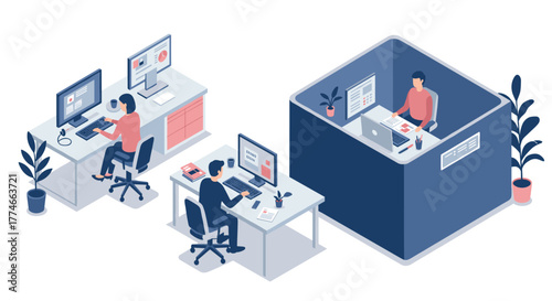 Modern office workspace with employees using computers in isometric design