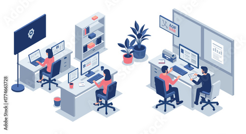 Modern office workspace isometric scene with employees working on computers and discussing projects