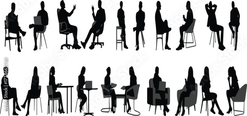 PrintSeated silhouettes, office chairs, business people, diverse postures, ergonomic poses, workplace interaction, digital devices, professional activity, corporate setting, teamwork