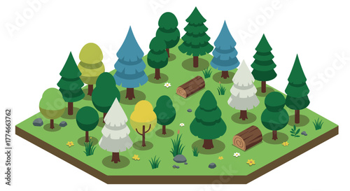 Isometric forest scene with diverse trees and woodland elements in flat design