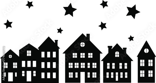 PrintSilhouette houses at night, starry sky, black and white, quiet neighborhood, whimsical architecture, peaceful scene, vector illustration, minimal design