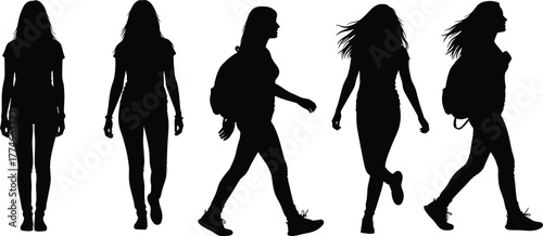 PrintSilhouette of walking person, dynamic motion, black figure, side view, backpack, jogging pose, urban lifestyle, human movement, isolated, vector art