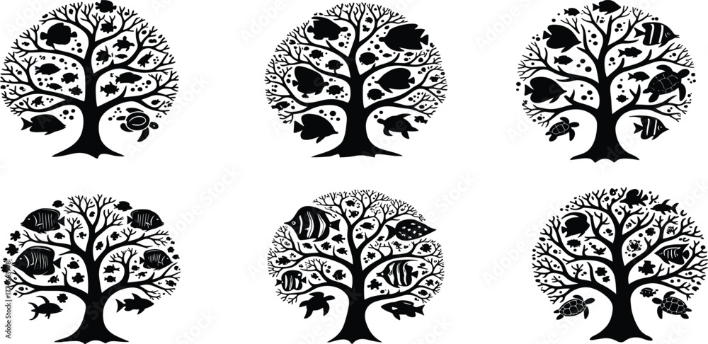 Fototapeta premium PrintStylized tree silhouettes, marine life design, underwater forest concept, black aquatic illustration, fish and turtle art, ocean biodiversity graphic