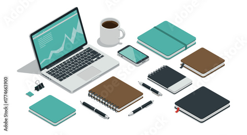 Modern isometric office workspace with laptop, notebooks, and coffee