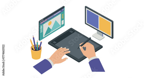 Isometric digital art creation with graphics tablet and dual monitors