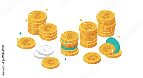Isometric stacks of euro and dollar coins with sparkles on white background