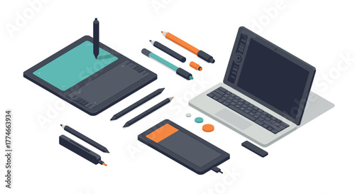 Isometric digital art tools and gadgets with tablets and laptop
