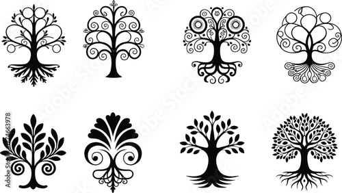 PrintStylized tree silhouettes, black icons, artistic trees, decorative roots, abstract foliage, nature design, vector illustration, graphic elements, tree forms, ornamental shapes