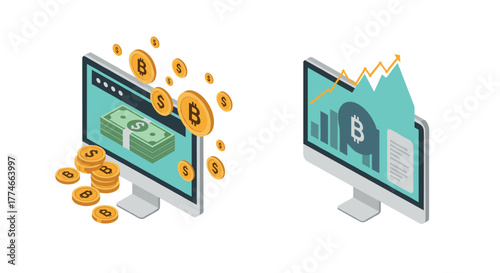 Isometric bitcoin and financial growth concept with screens and currency symbols