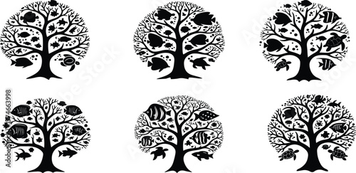 PrintStylized tree silhouettes, marine life design, underwater forest concept, black aquatic illustration, fish and turtle art, ocean biodiversity graphic