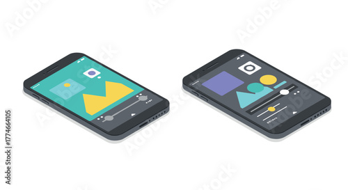 Isometric smartphones with graphic editing apps in minimalist design