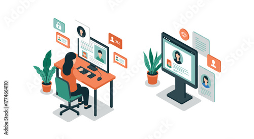 Isometric home office setup with digital communication elements and virtual interaction