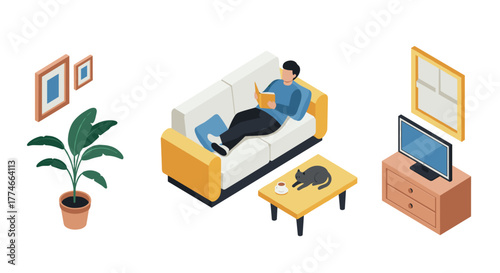 Cozy isometric living room with person reading on sofa and relaxing cat