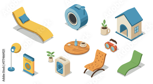 Modern isometric home objects and furniture set with minimalist design