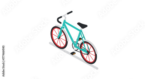 Isometric bicycle with red wheels on white background