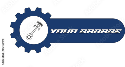 Automotive garage or repair shop logo template featuring a piston and a gear wheel in a bold, dark blue and white color scheme. Ideal for car service, mechanic, and engineering business branding