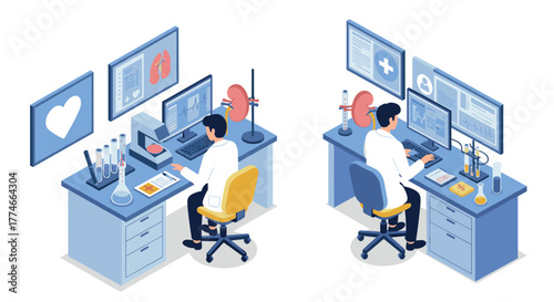 Isometric medical laboratory with scientist analyzing data on computer screens
