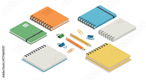 Isometric notebooks and stationery essentials in vibrant colors