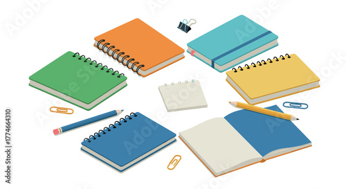 Colorful notebook and stationery collection on white background