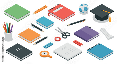 Isometric school supplies and office essentials with books, notebooks, and stationery