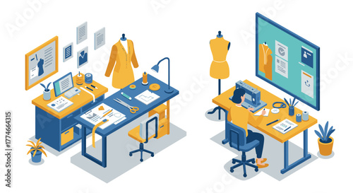 Fashion design workspace in isometric style with sewing equipment and patterns