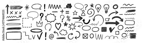 Hand drawn crayons arrow and marker brush line sketch elements on transparent background