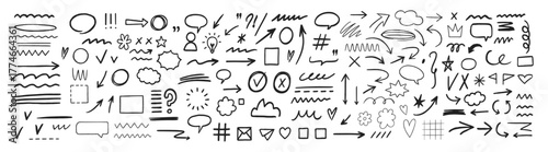 Hand drawn vector arrow and marker stroke design elements on transparent background