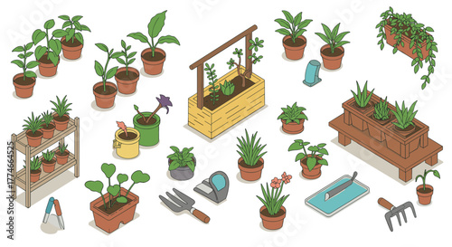 Isometric indoor gardening elements: plants, tools, and containers for home decor