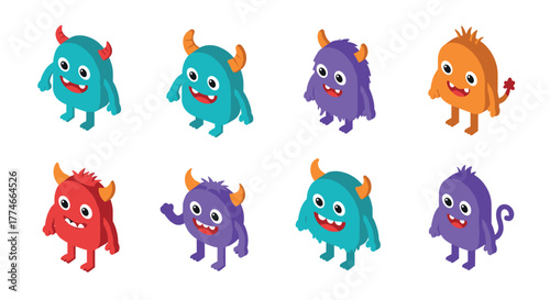 Colorful isometric monsters with cute expressions and playful designs
