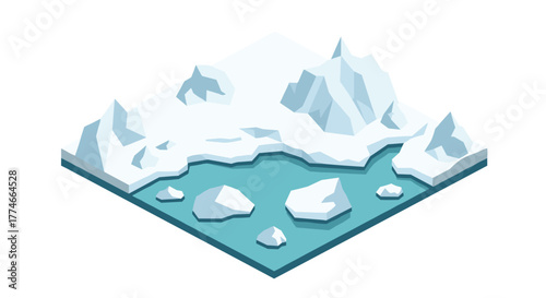 Isometric arctic landscape with icebergs and snow-capped mountains