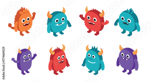 Colorful cartoon monsters collection featuring cute characters with horns