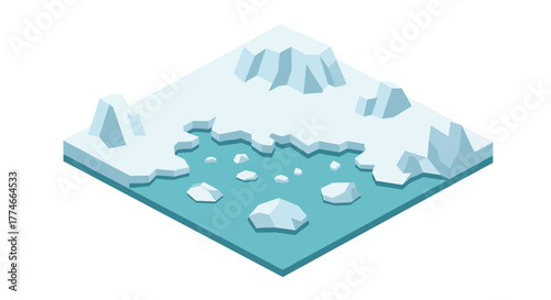 Isometric arctic landscape with icebergs and snowy terrain