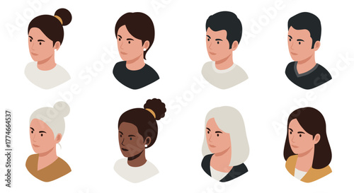 Diverse character portraits in modern flat style with varied hairstyles