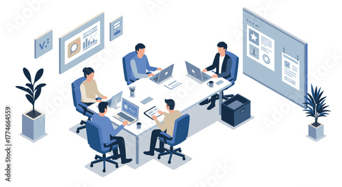 Collaborative office environment with team working on laptops in isometric style