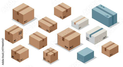 Various isometric cardboard and shipping boxes collection