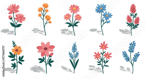Colorful collection of flat floral designs with shadows
