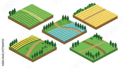Isometric landscape: diverse agricultural fields and natural scenery designs