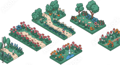Isometric garden paths with colorful flowers and trees