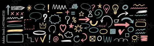 Hand drawn colorful crayons arrow and marker brush line sketch elements on transparent background