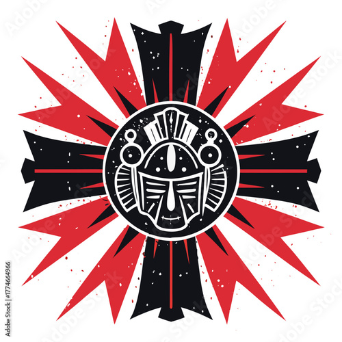 Ancient mask design with red and black geometric patterns  