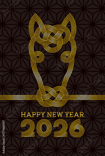 馬の水引きの年賀状,2026年・午年,あけましておめでとう,金色のデザイン