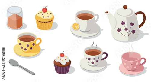 Cozy tea time with cupcakes and teapot in isometric style