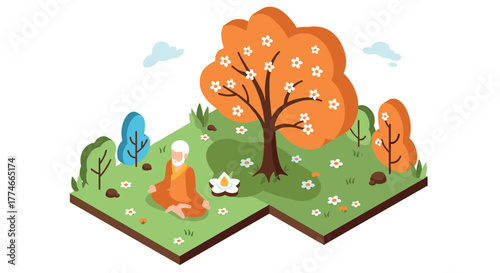 Meditation in nature: isometric design of a tranquil garden setting