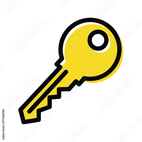 Yellow key with black outline isolated on transparent background for security