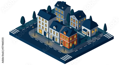 Isometric nighttime city block with lit street and residential buildings