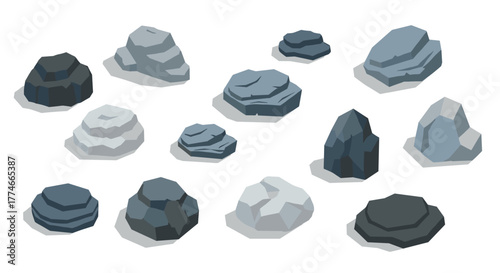 Collection of geometric isometric rocks in various shades on white background