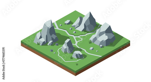 Isometric geometric rock formation on green landscape