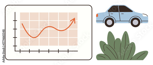 Red upward trend on a graph alongside a blue car and green leaves. Ideal for sustainability, business growth, eco-transport, clean energy, market trends, progress, and success. Simple flat metaphor