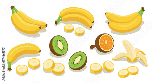 Isometric banana and fruit collection with kiwi and citrus slices
