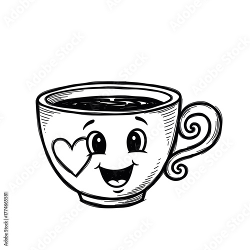 Line art vector illustration of a smiling coffee cup with a heart. Perfect for café logos, morning vibes, and beverage branding. Isolated on a transparent background